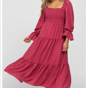 Magenta Square Ruffle Neck Smocked Midi Dress